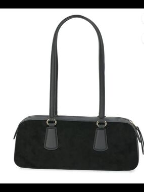 Scoop East West Faux Suede Shoulder Bag Black Gold Hardware Baguette Style